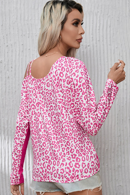 Rose Contrast Leopard Asymmetric Cold Shoulder Crossed Hem Top