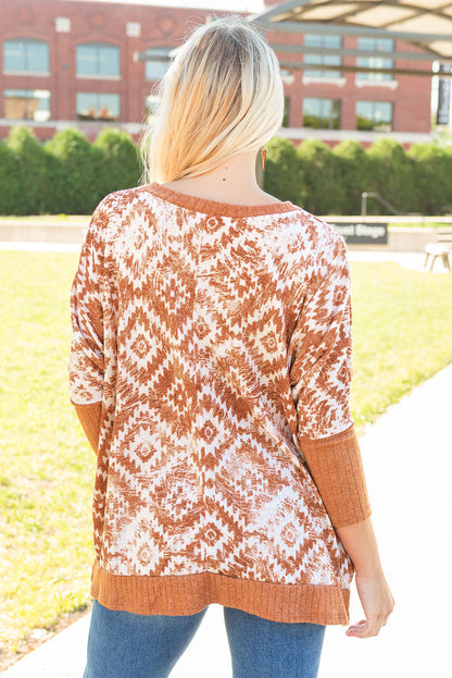 White Printed Aztec Print Bishop Sleeve Ribbed Trim Blouse