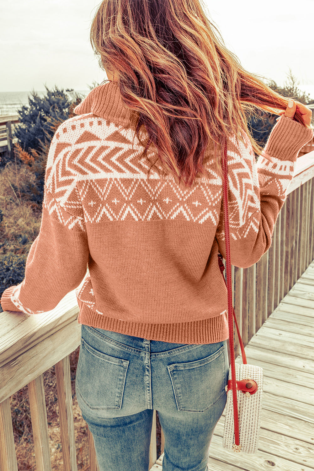 Pink Geometry Knit Quarter Zip Sweater