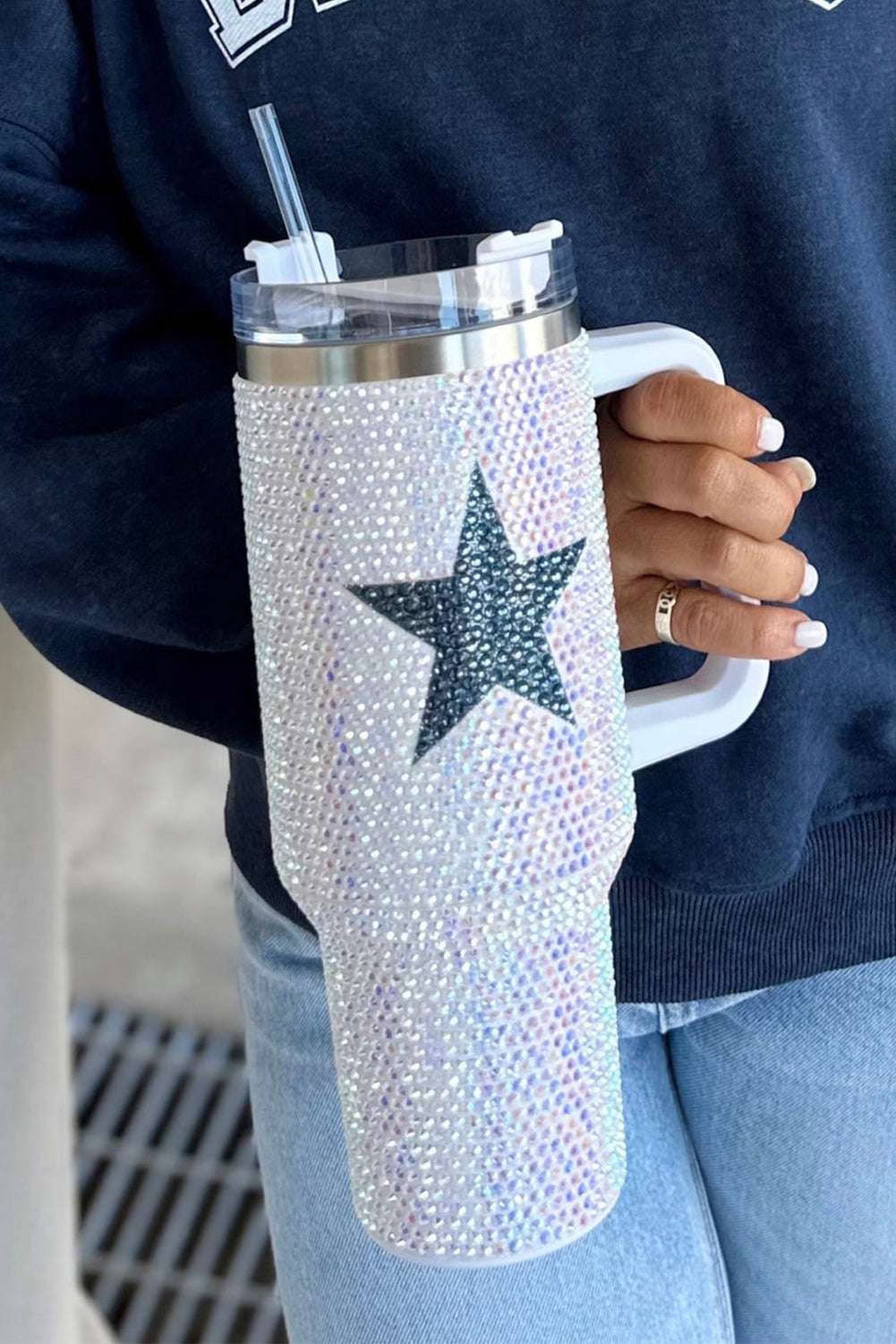 Taza portátil de acero inoxidable con forma de estrella blanca y diamantes de imitación, 40 oz