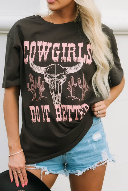 Camiseta cinza grande com estampa gráfica COWGIRLS DO IT BETTER