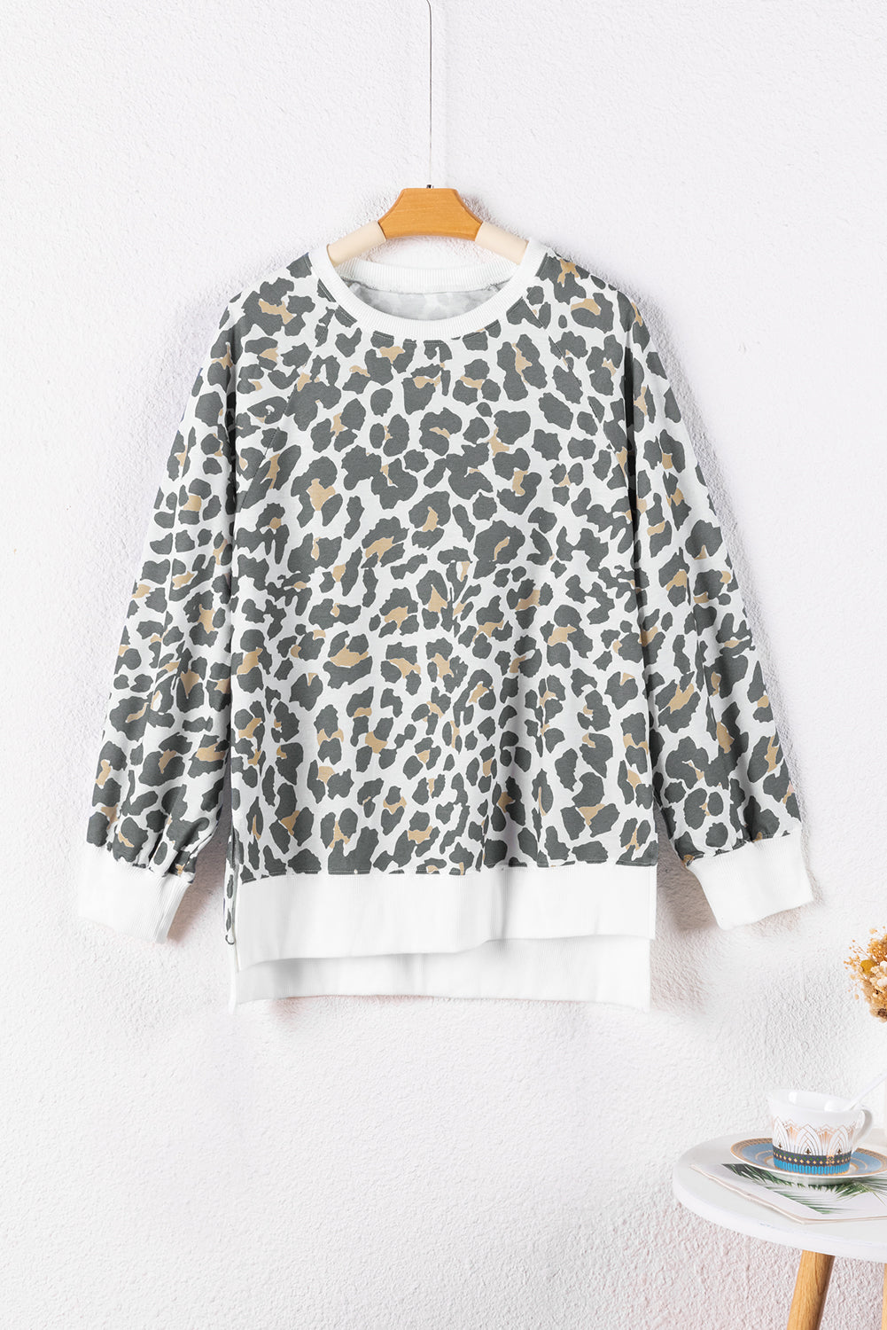 White Printed Solid Trim Leopard Print Top