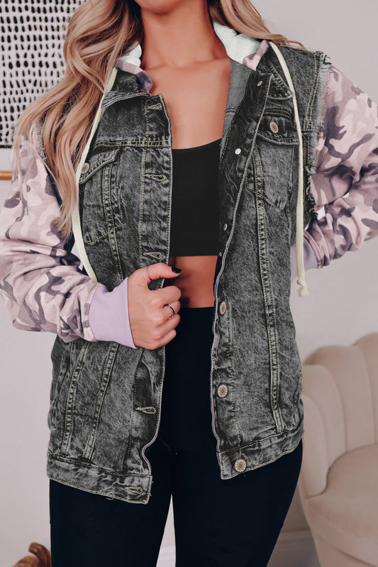 Black Camo Sleeve Hooded Buttoned Denim Jacket