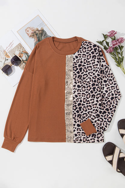 Blusa de manga comprida com estampa de leopardo e lantejoulas em bloco de cores douradas