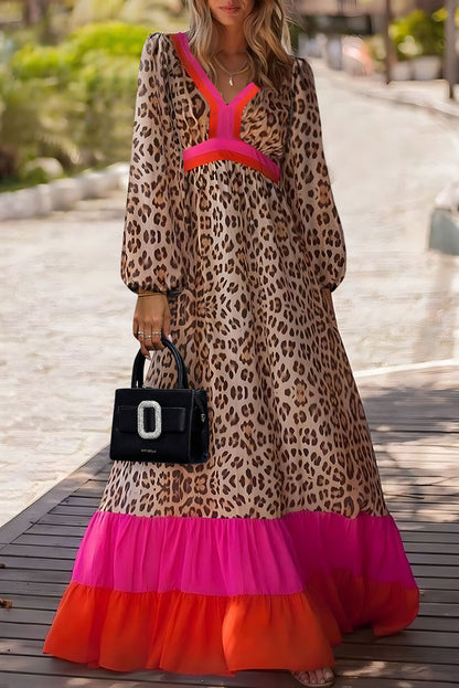 Vestido longo solto com decote em V e estampa de leopardo marrom