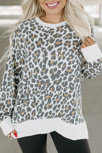 White Printed Solid Trim Leopard Print Top