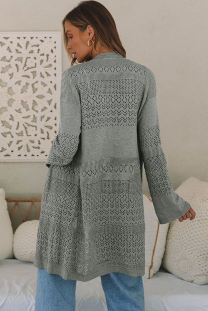 Gray Pointelle Knit Open Front Cardigan