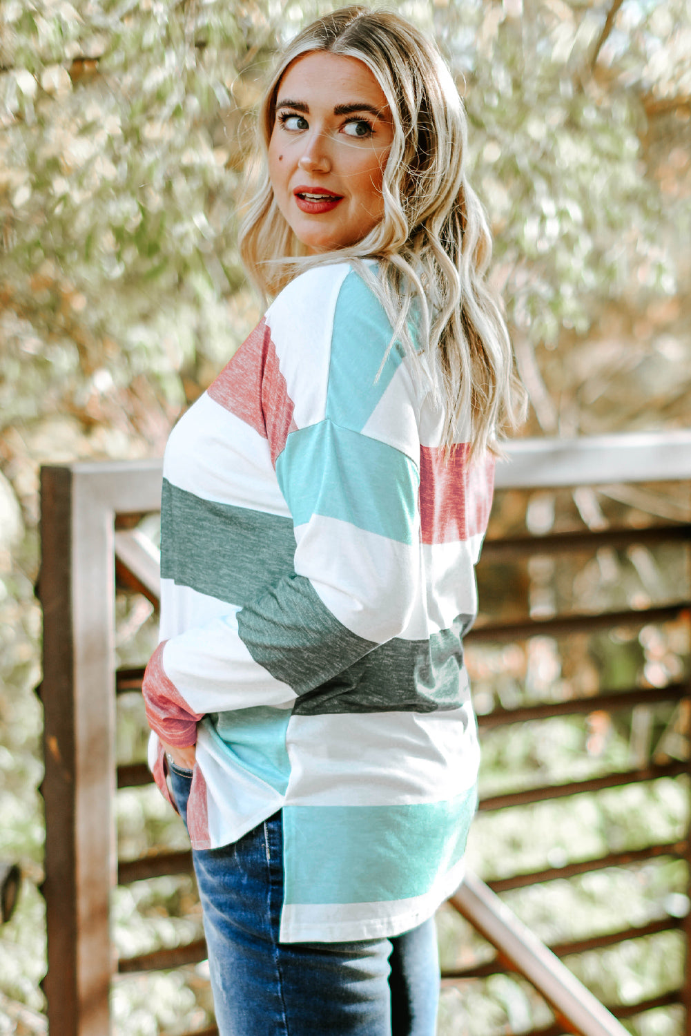 Sky Blue Stripe Plus Size Colorblock Pullover Top