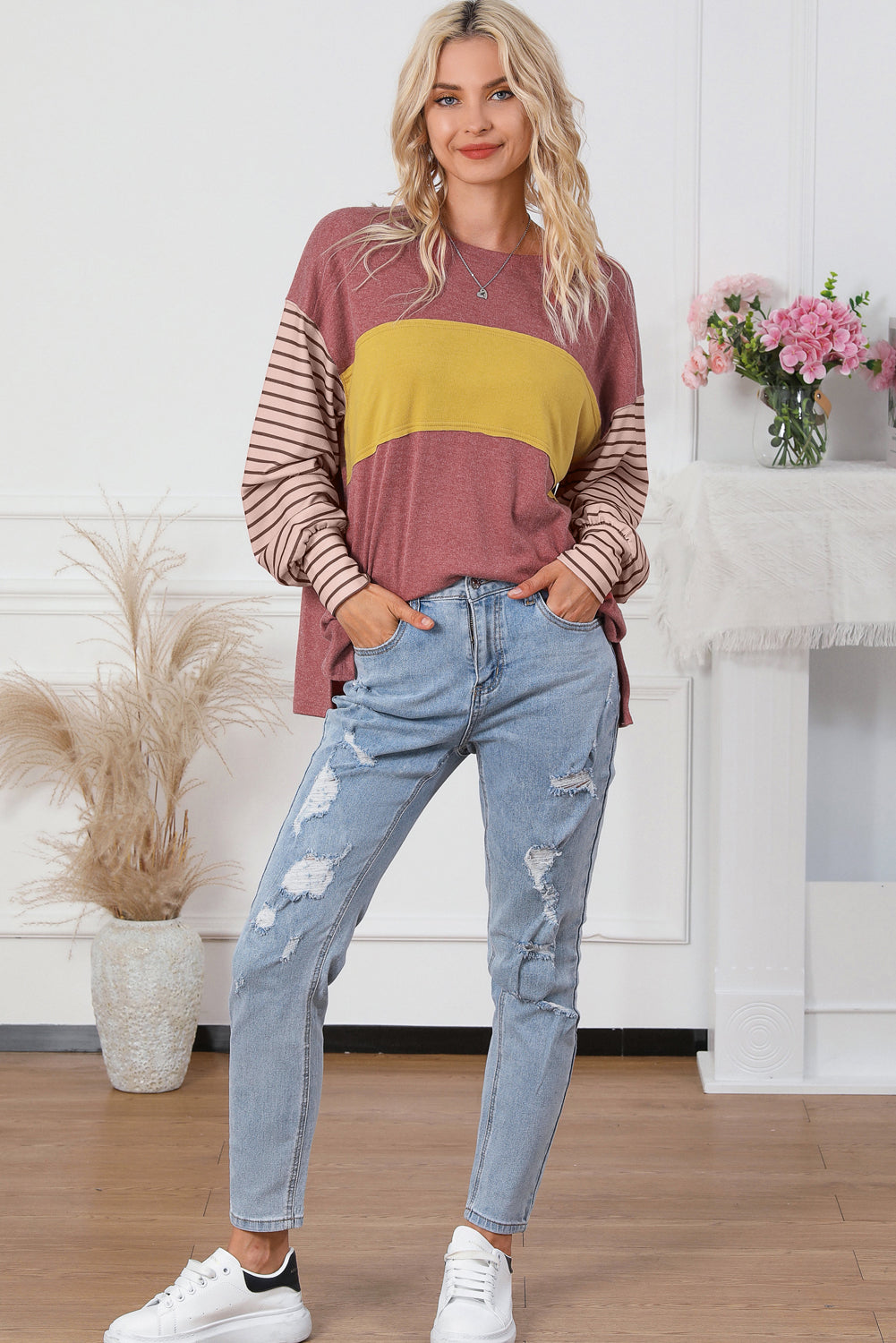 Blusa de manga obispo a rayas con bloques de color Peach Blossom