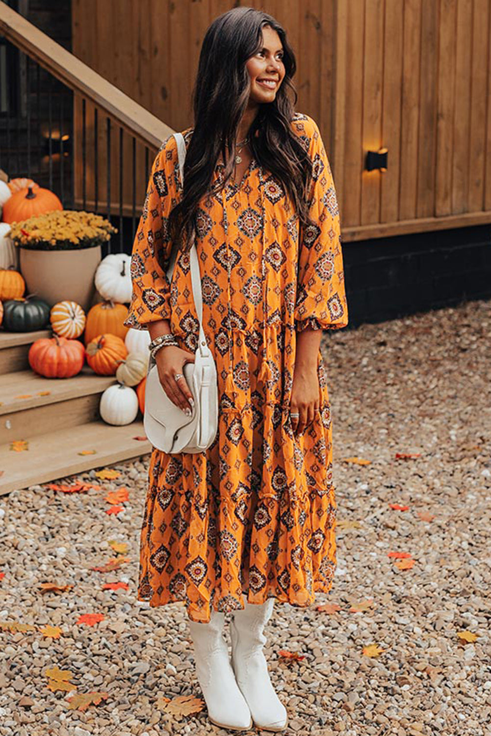 Orange Western Geometric Print Tiered Frilled Loose Fit Midi Dress