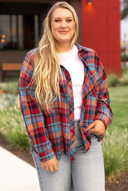 Red Plus Size Plaid Print Buttoned Shirt