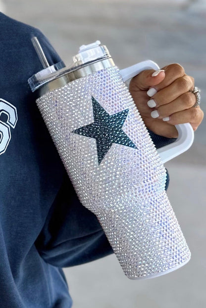 Taza portátil de acero inoxidable con forma de estrella blanca y diamantes de imitación, 40 oz