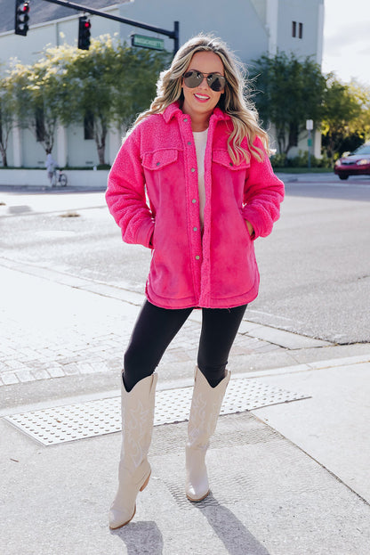 Bright Pink Faux Suede Sherpa Patchwork Button-up Shacket