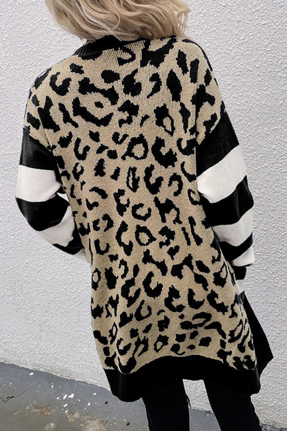 Black Stripe Sleeve Leopard Print Open Front Cardigan With Pockets