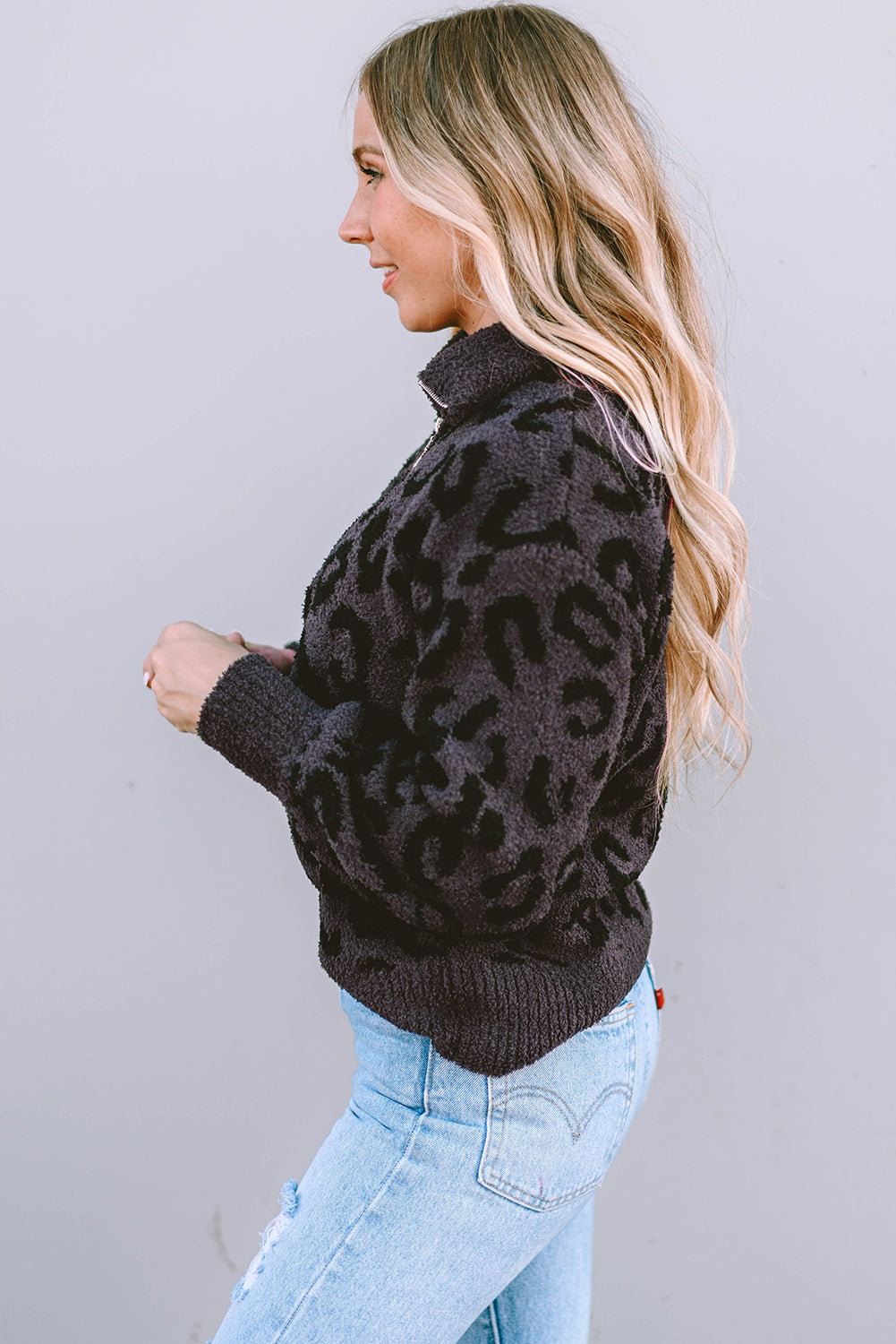 Gray Animal Print Zipped Collared Sweater