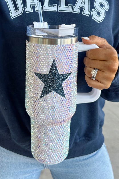 Taza portátil de acero inoxidable con forma de estrella blanca y diamantes de imitación, 40 oz