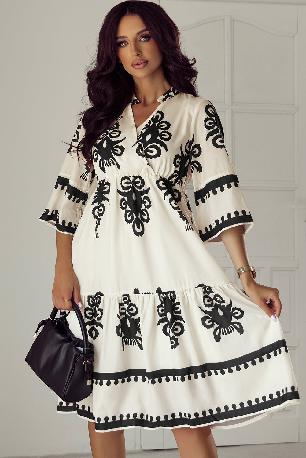 Black Western Geometric Print 3/4 Sleeve Loose Midi Dress