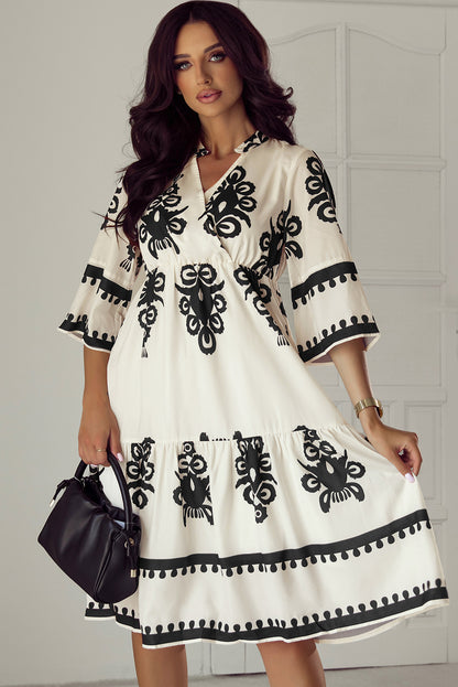 Black Western Geometric Print 3/4 Sleeve Loose Midi Dress