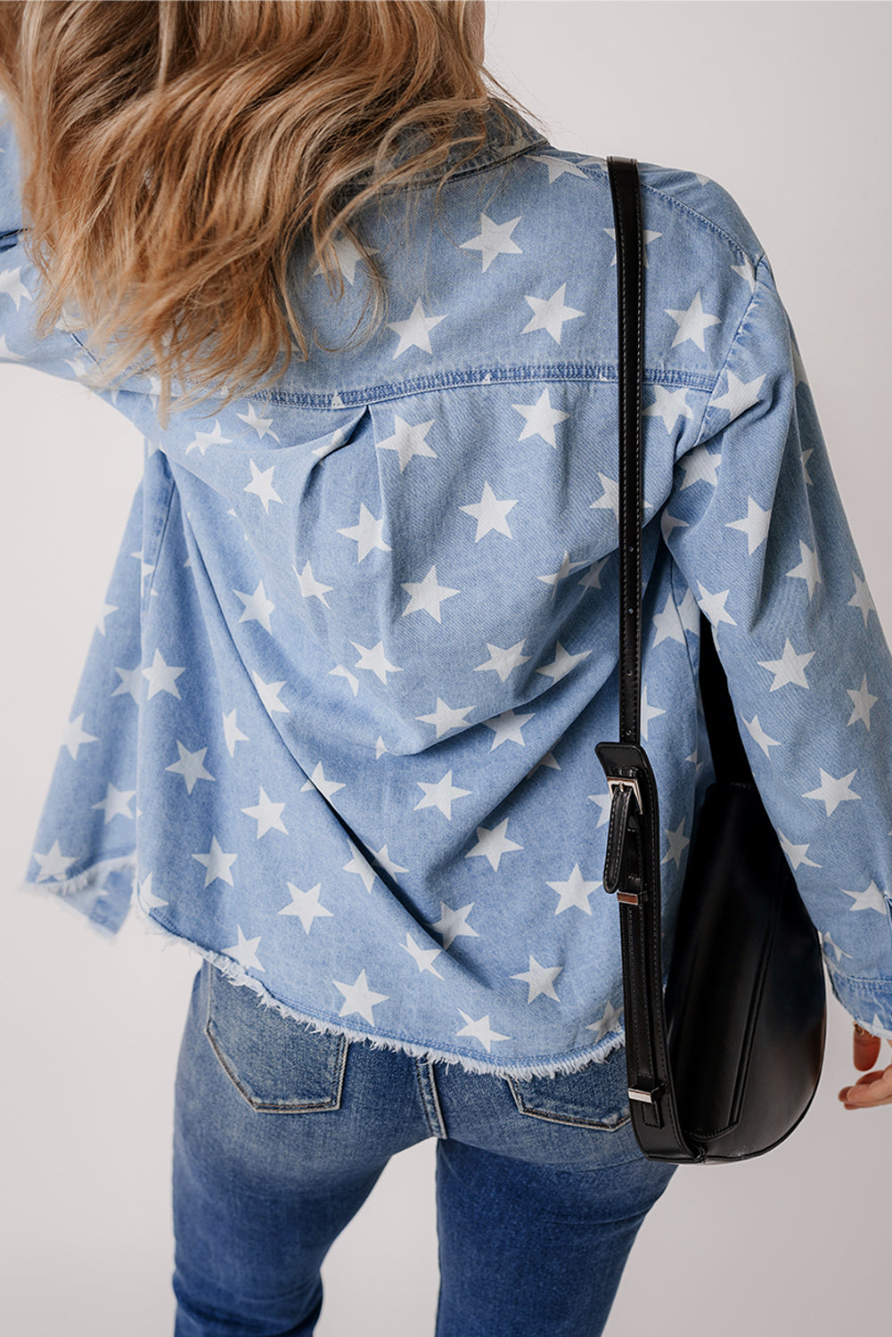 Sky Blue Star Print Light Wash Raw Hem Denim Jacket