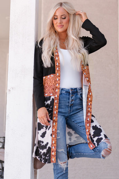 Black Western Pattern Cow Patchwork Open Front Cardigan