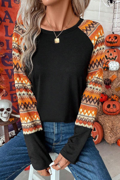 Orange Geo Print Raglan Patchwork Long Sleeve Tee