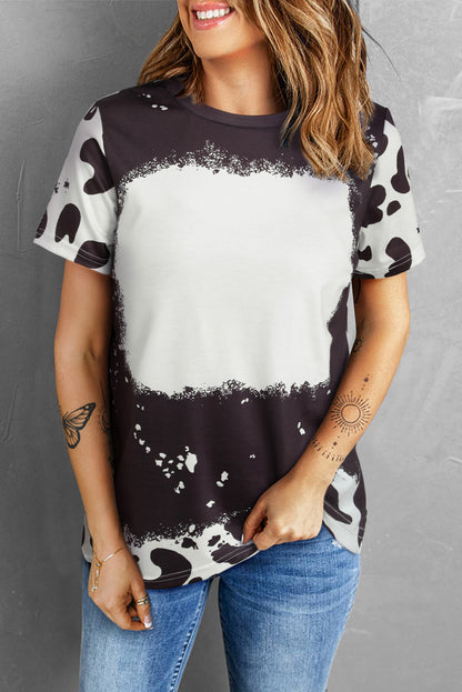 Black Tie Dye Bleached Crew Neck Short Sleeves T-shirt