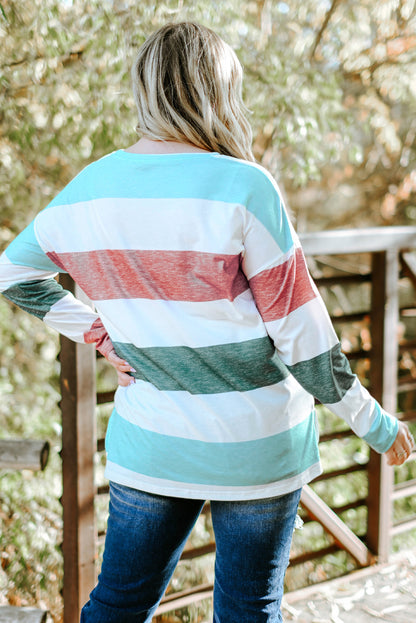 Sky Blue Stripe Plus Size Colorblock Pullover Top