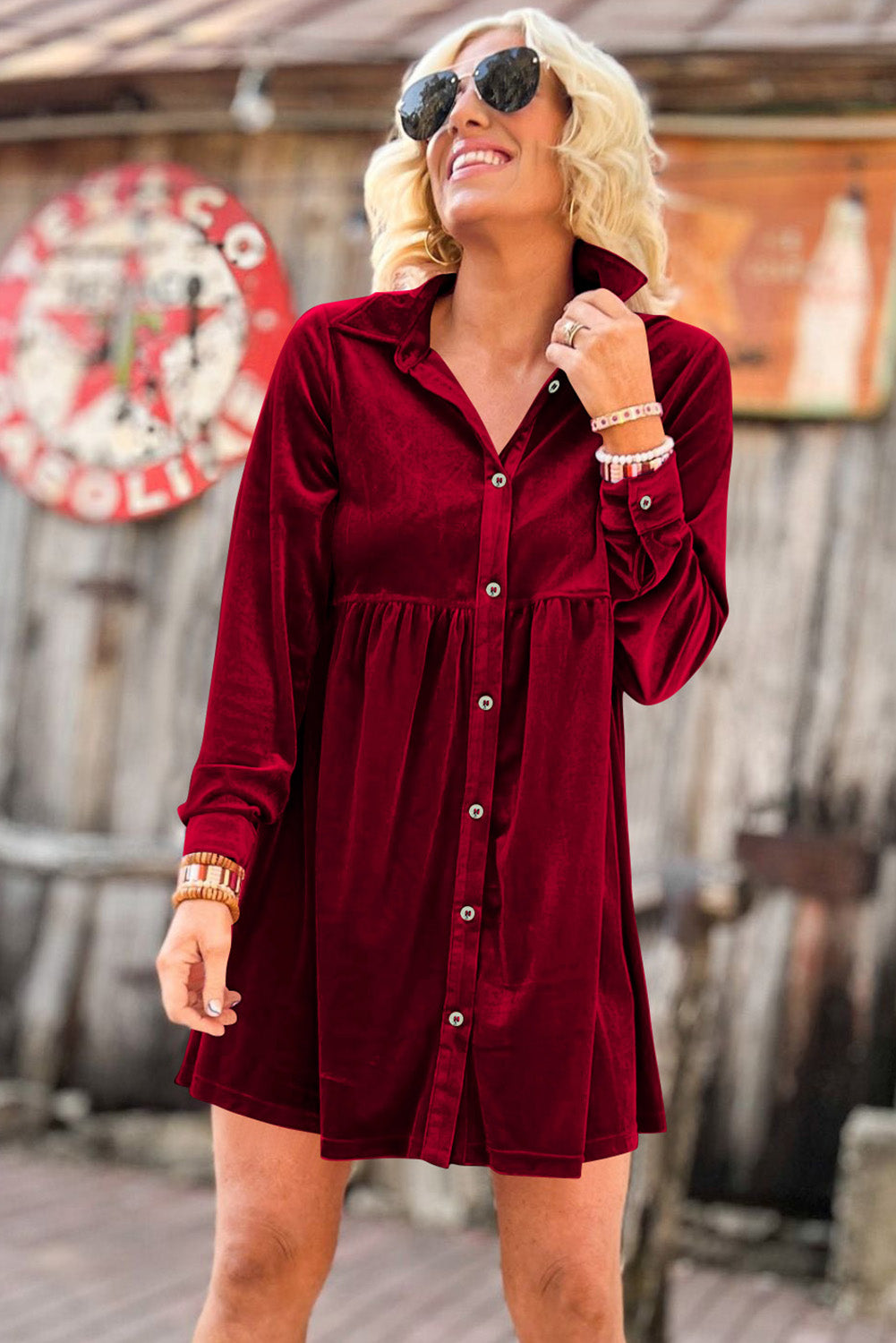 Green Long Sleeve Ruffle Velvet Button Up Dress