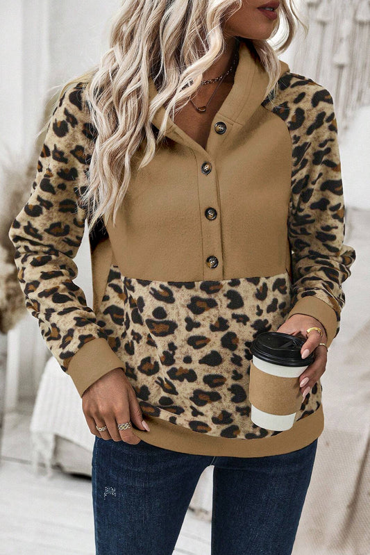 Light French Beige Leopard Print Patchwork Raglan Sleeve Half Buttons Hoodie