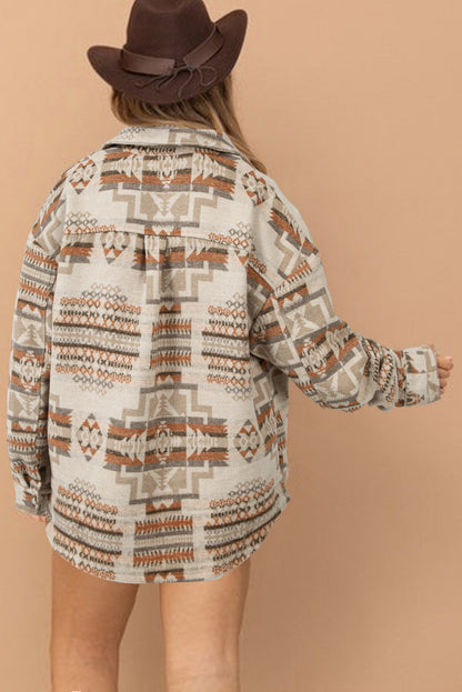 White Aztec Geometric Print Pockets Plus Size Jacket