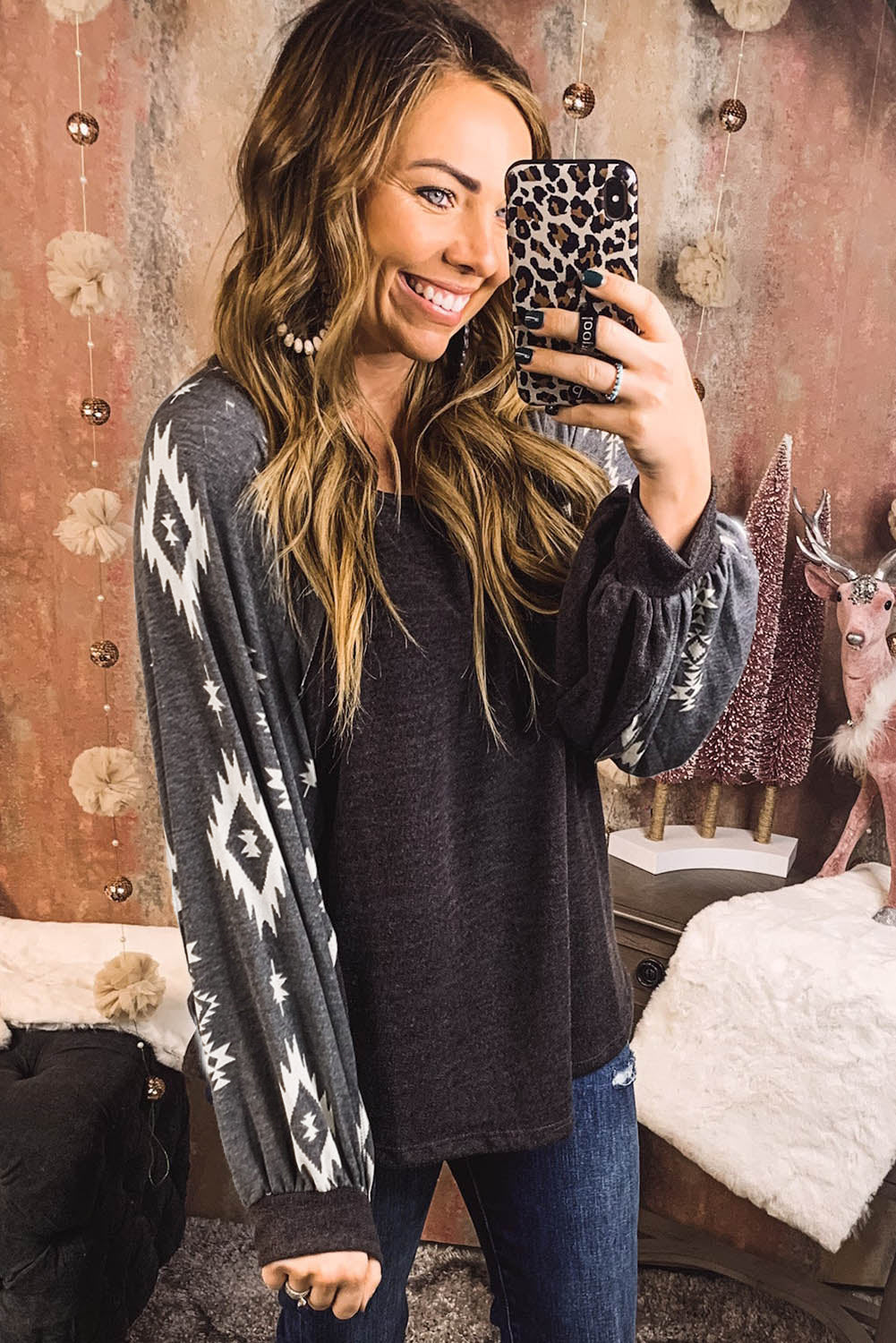 Black Western Print Patch Long Sleeve Top