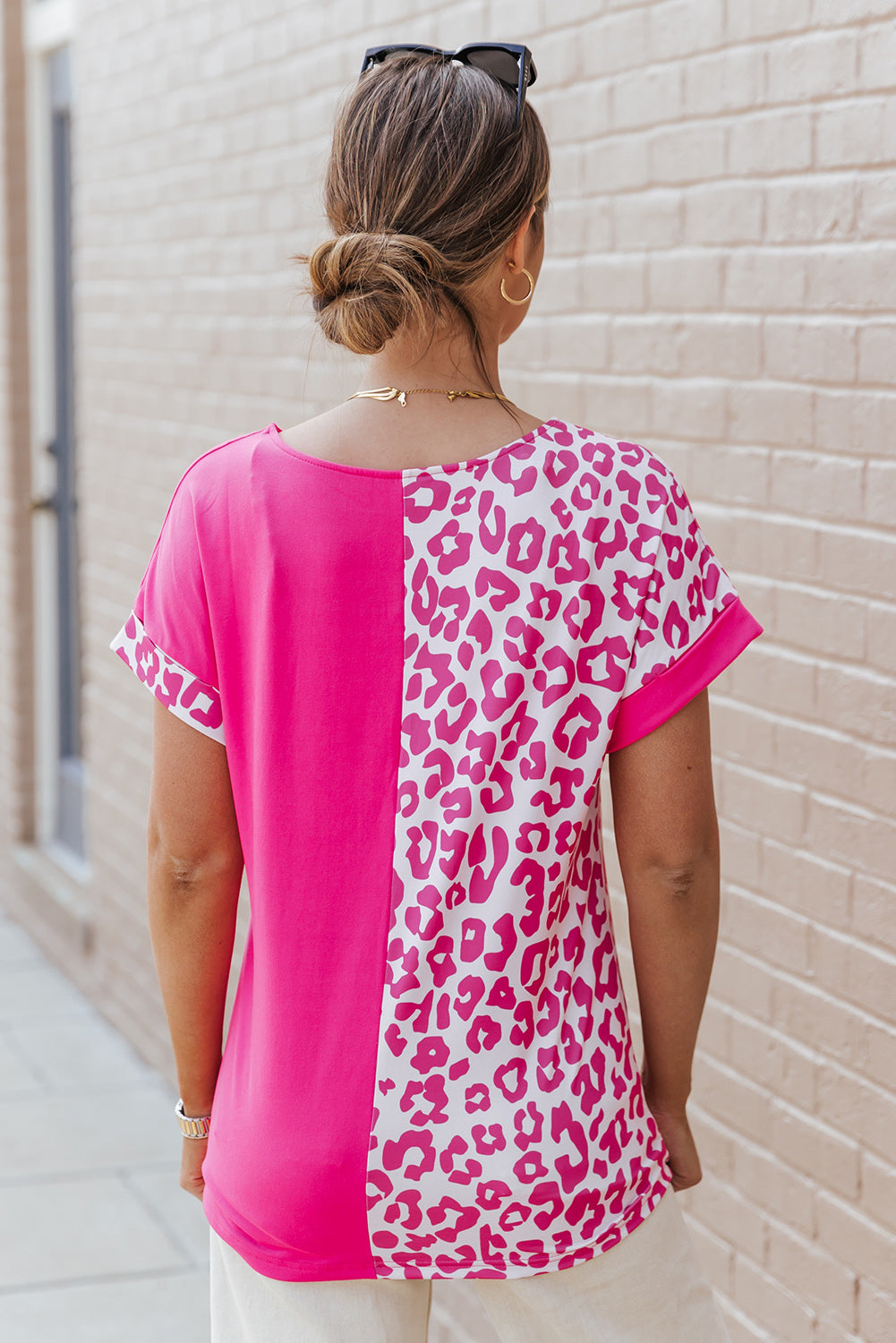 Black Half Leopard Patchwork Short Sleeves Top