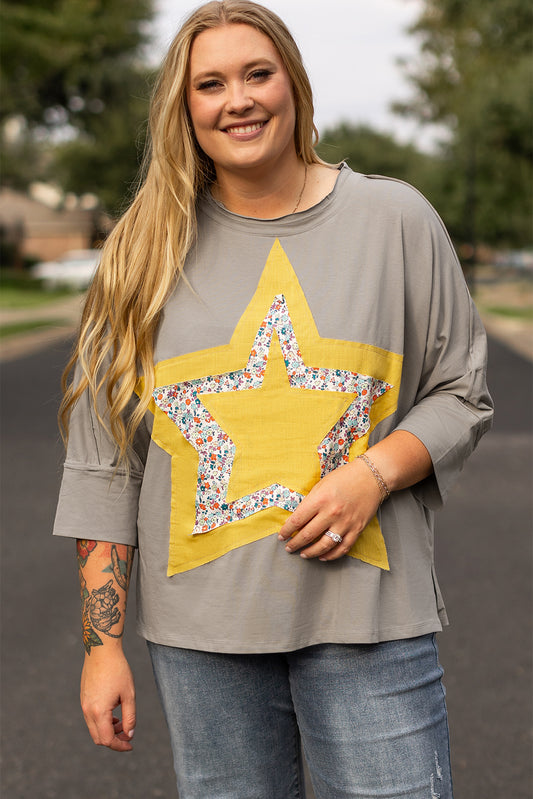 Medium Grey Floral Star Patched Pattern 3/4 Sleeve Plus Size Top