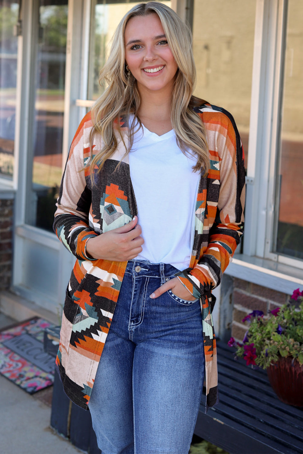 Orange Western Tribal Aztec Print Cardigan