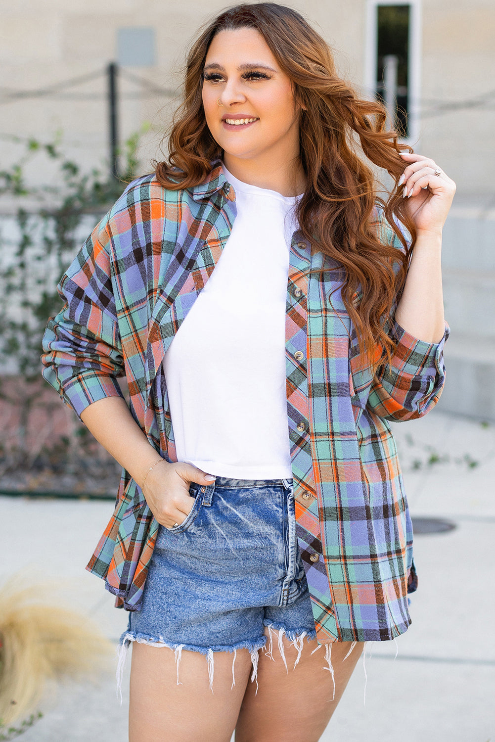 Red Plus Size Plaid Print Buttoned Shirt