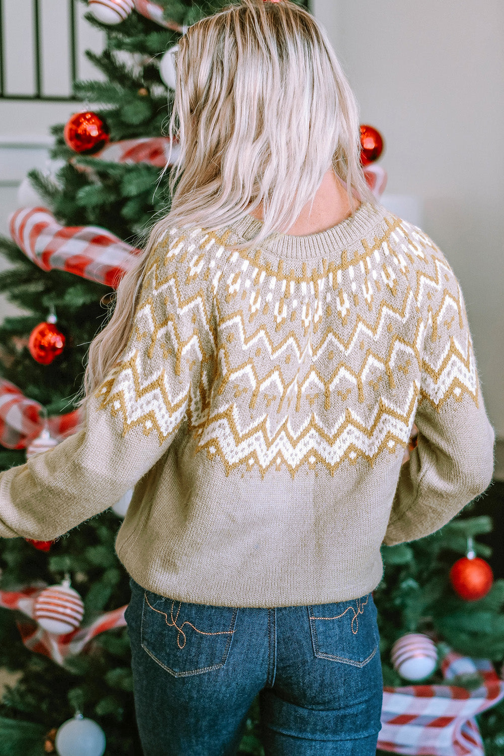 Gray Geometric Pattern Ribbed Round Neck Sweater