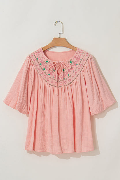 Apricot Pink Geometric Embroidered V Neck Puff Sleeve Blouse