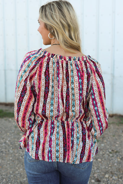 Multicolour Western Aztec Split Neck Peplum Blouse