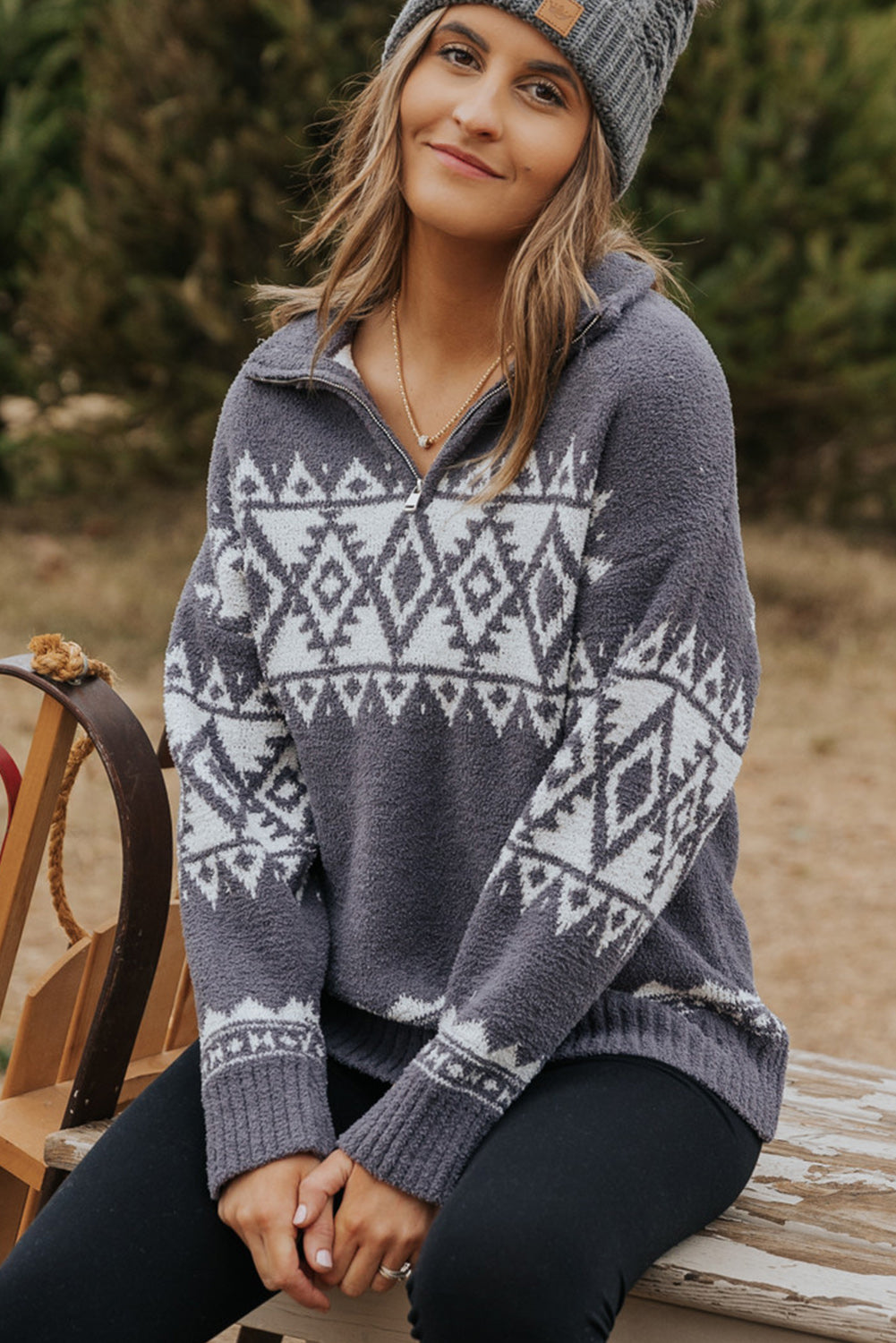 Gray Western Geometric Printed Quarter Zip Pullover Sweater