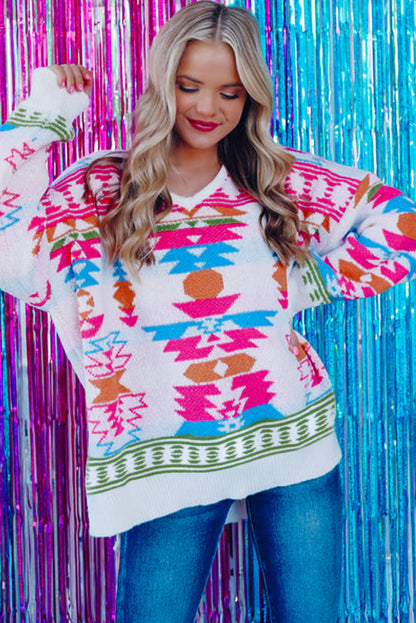 White Oversize Aztec Print High Low V Neck Sweater