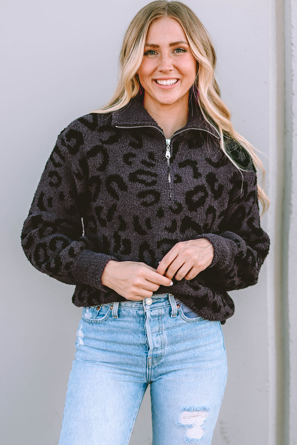 Gray Animal Print Zipped Collared Sweater