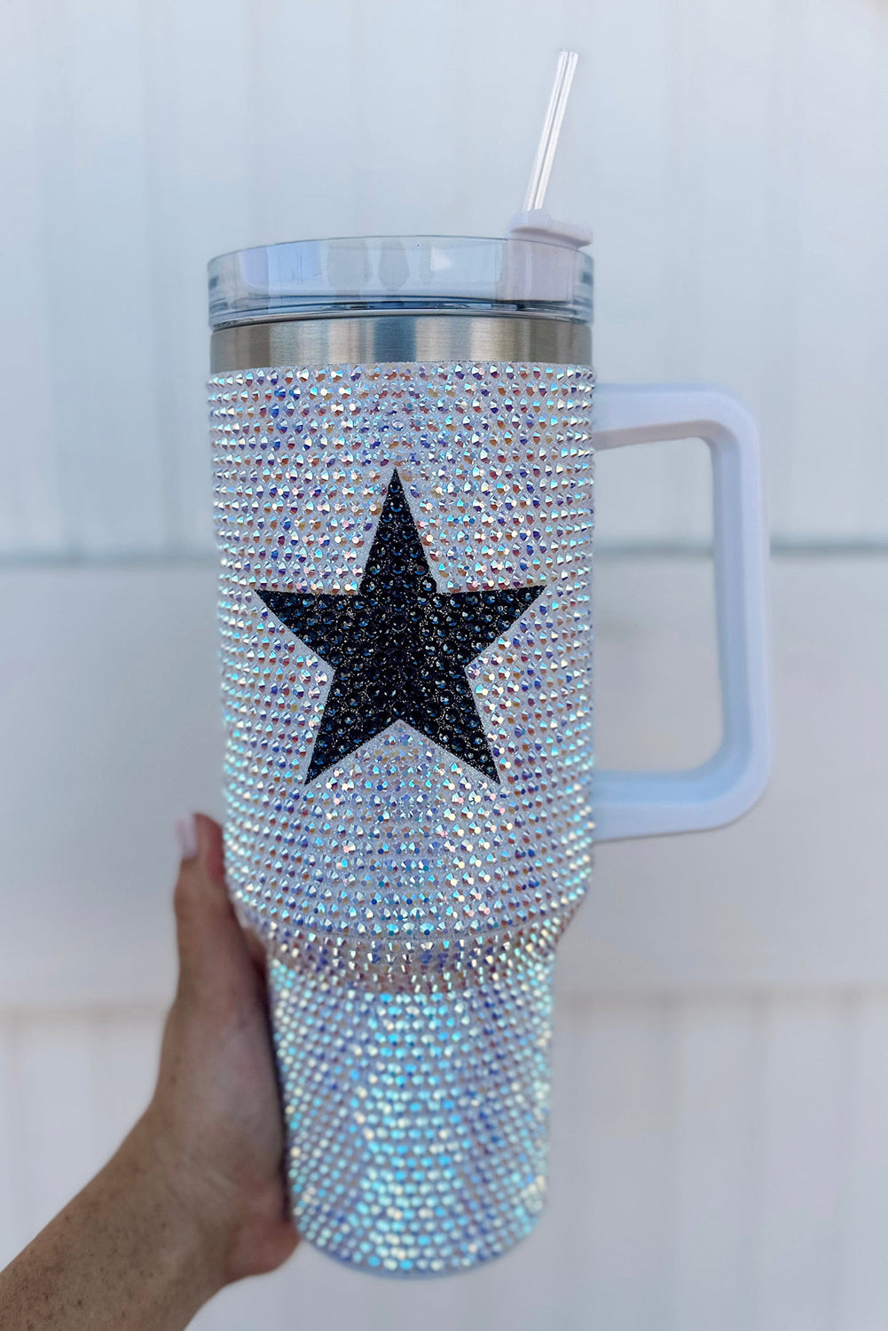 Taza portátil de acero inoxidable con forma de estrella blanca y diamantes de imitación, 40 oz