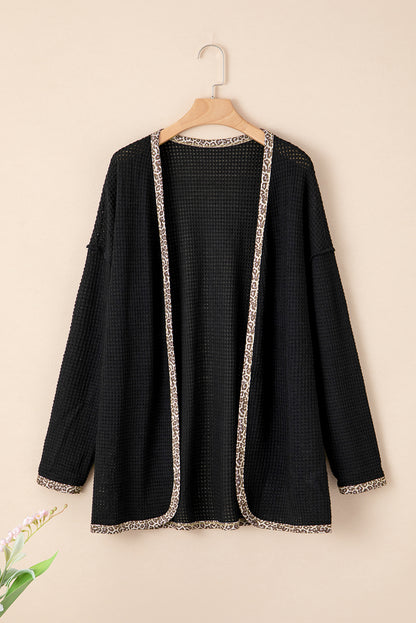 Black Leopard Contrast Waffle Knit Open Front Cardigan