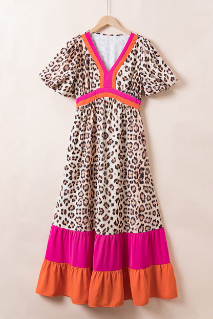 Bright Pink Leopard Colorblock Patchwork Bubble Sleeve Maxi Dress