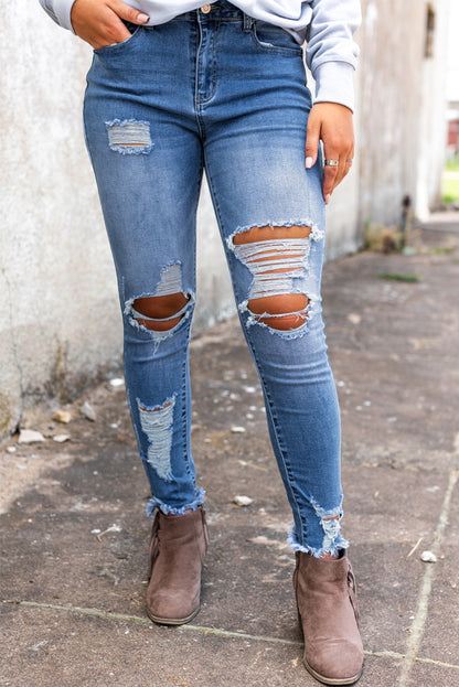 Calça Jeans Skinny Azul Céu Cintura Alta Desgastada