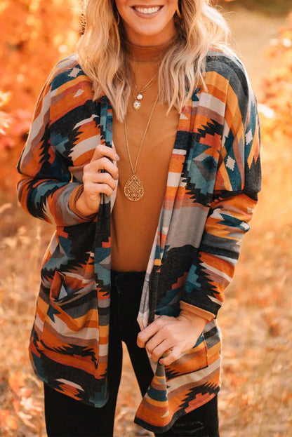 Orange Western Tribal Aztec Print Cardigan