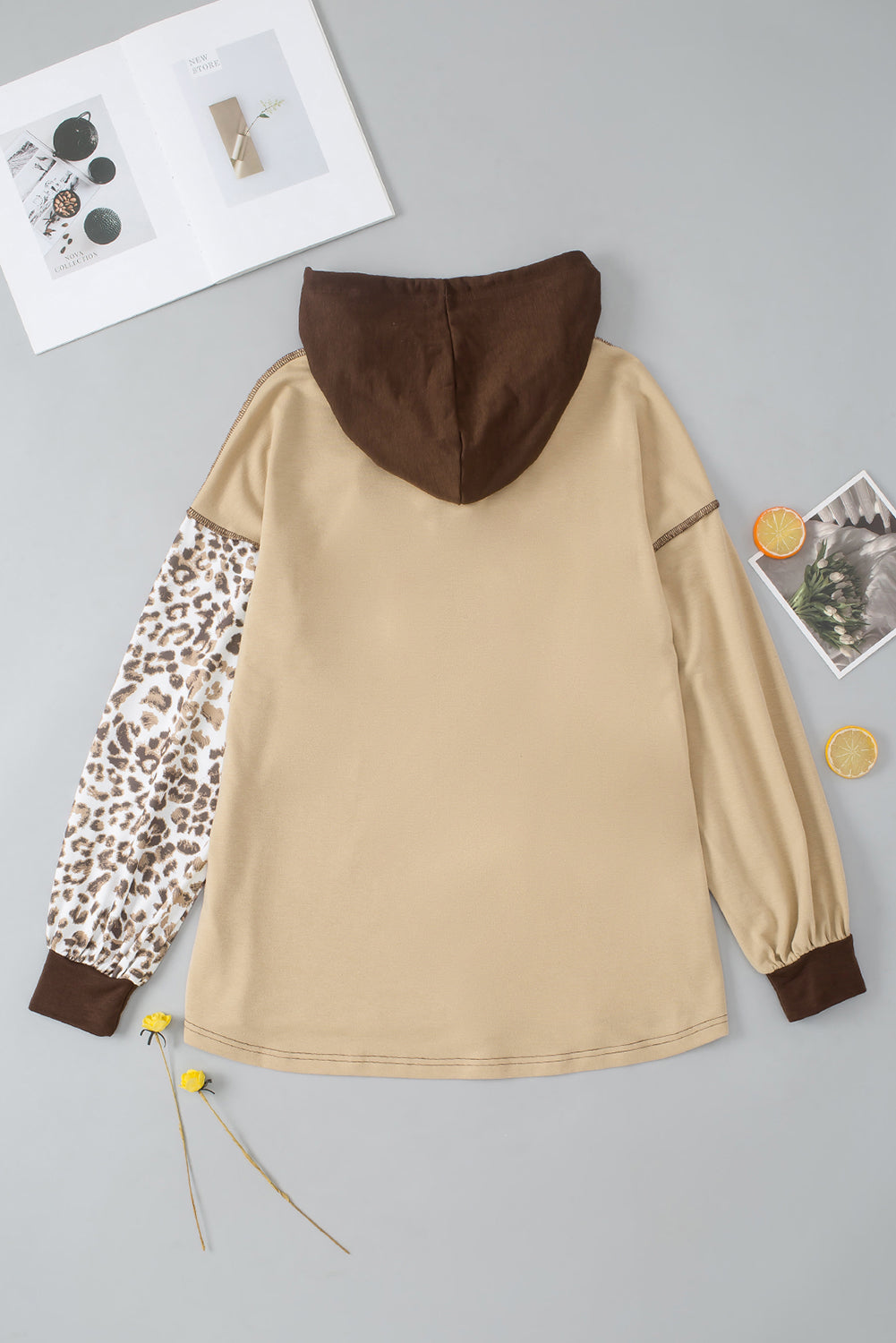 Brown Leopard Print Colorblock Chest Pocket Henley Hoodie