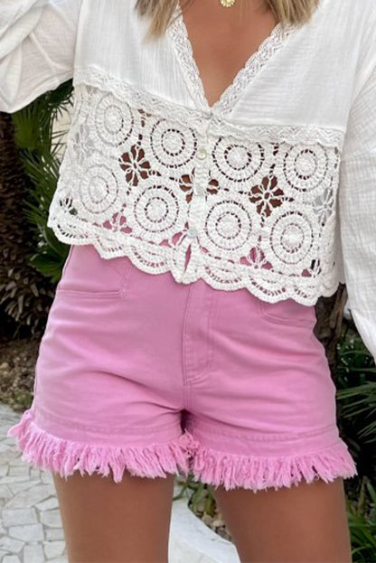 Pink Frayed Edge Mid Rise Denim Shorts