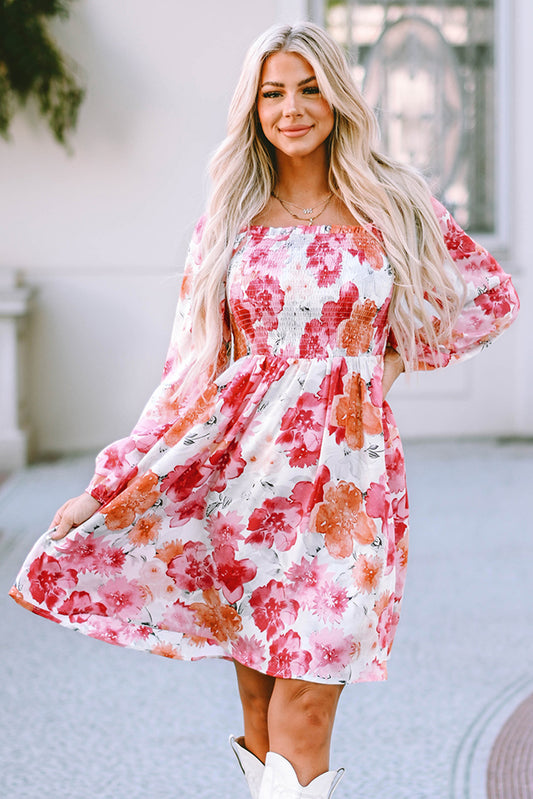 White Floral Print Smocked Puff Sleeve Mini Dress