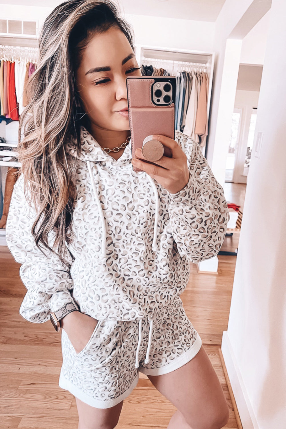 White Classic Leopard Hoodie and Shorts Set